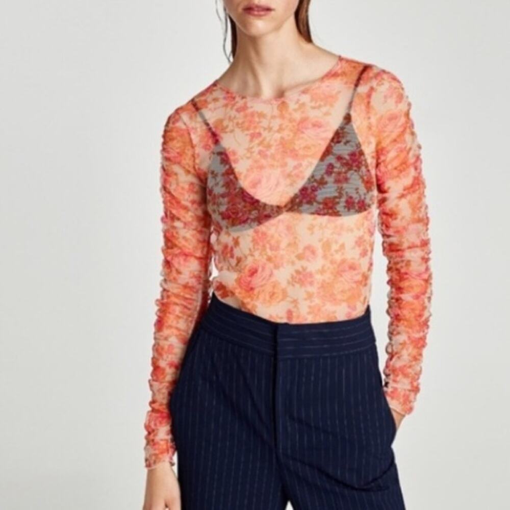 ZARA Floral Sheer Ruched Sleeve Coral Top SMALL 90's Long Sleeve Y2K Mesh NWT